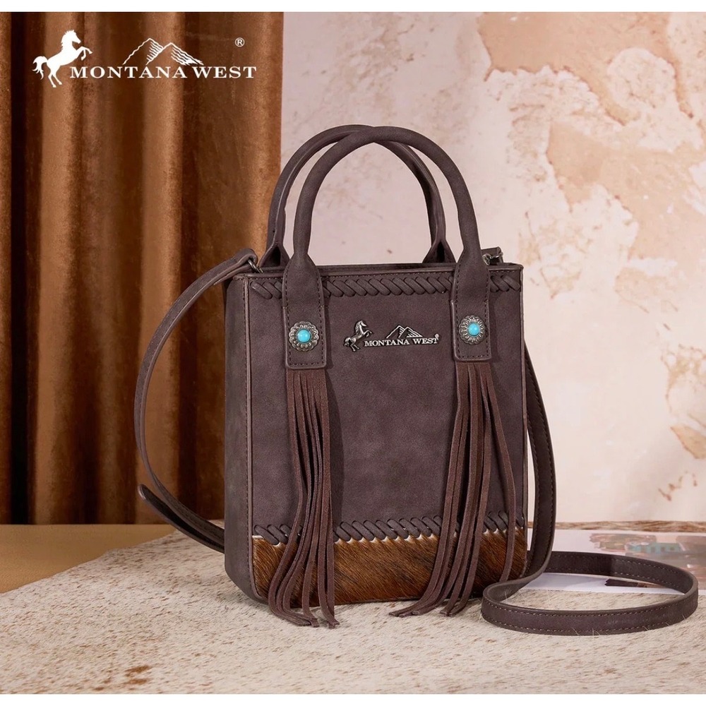 Montana West Tote Bag Womens Small Brown NWT Fringe Hair-on-Hide MW1368-8360CF - Picture 2 of 9